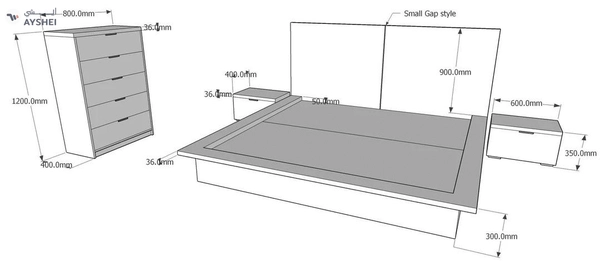 Denilia, Bed with 2 side tables & chest of drawers
