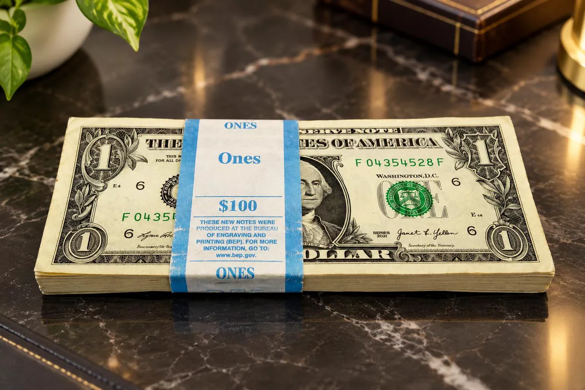 Bundle of US One-Dollar Bills Uncirculated (Stack of $1 Notes) face value $100-1-1