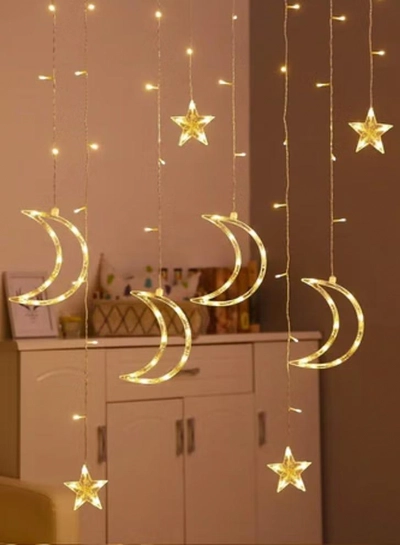 Yuwell 3-In-1 Remote Control, Battery & USB Operated Ramadan Lights, Ramadan Decorations For Home, Window Curtain Fairy Star Moon Lights For Ramadan Party, Diwali Lights Hanging Lights Warm White-2