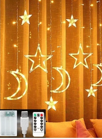 Yuwell 3-In-1 Remote Control, Battery & USB Operated Ramadan Lights, Ramadan Decorations For Home, Window Curtain Fairy Star Moon Lights For Ramadan Party, Diwali Lights Hanging Lights Warm White-3