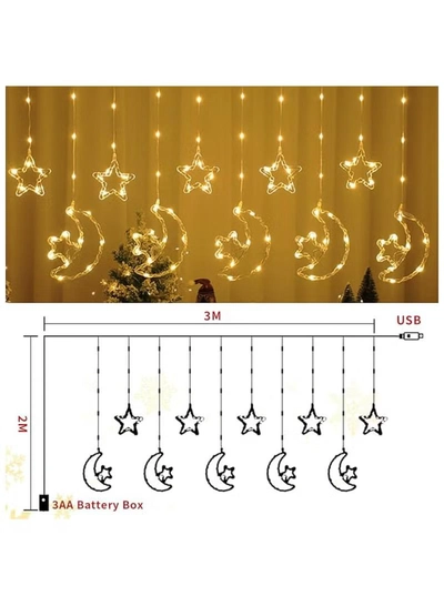 Yuwell 3-In-1 Remote Control, Battery & USB Operated Ramadan Lights, Ramadan Decorations For Home, Window Curtain Fairy Star Moon Lights For Ramadan Party, Diwali Lights Hanging Lights Warm White-4