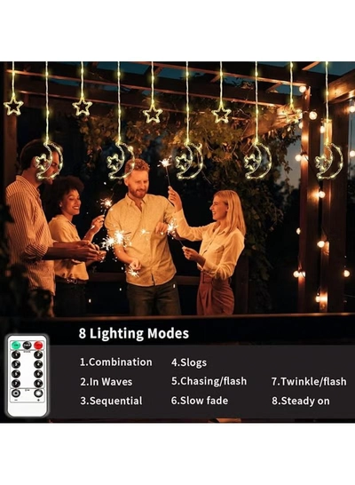 Yuwell 3-In-1 Remote Control, Battery & USB Operated Ramadan Lights, Ramadan Decorations For Home, Window Curtain Fairy Star Moon Lights For Ramadan Party, Diwali Lights Hanging Lights Warm White-6