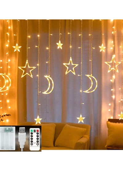 Yuwell 3-In-1 Remote Control, Battery & USB Operated Ramadan Lights, Ramadan Decorations For Home, Window Curtain Fairy Star Moon Lights For Ramadan Party, Diwali Lights Hanging Lights Warm White-7