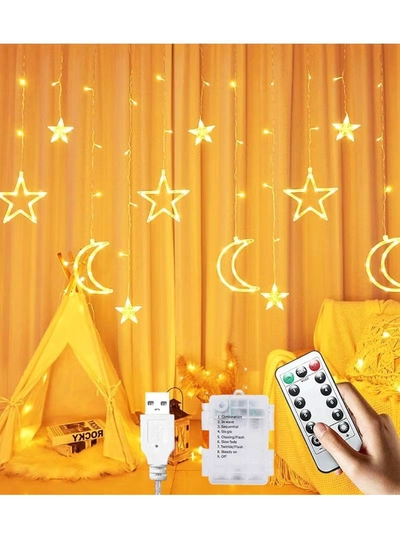 Yuwell 3-In-1 Remote Control, Battery & USB Operated Ramadan Lights, Ramadan Decorations For Home, Window Curtain Fairy Star Moon Lights For Ramadan Party, Diwali Lights Hanging Lights Warm White-0