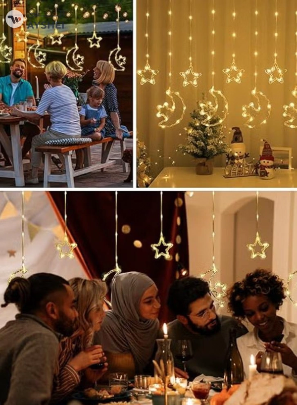 Yuwell 3-In-1 Remote Control, Battery & USB Operated Ramadan Lights, Ramadan Decorations For Home, Window Curtain Fairy Star Moon Lights For Ramadan Party, Diwali Lights Hanging Lights Warm White