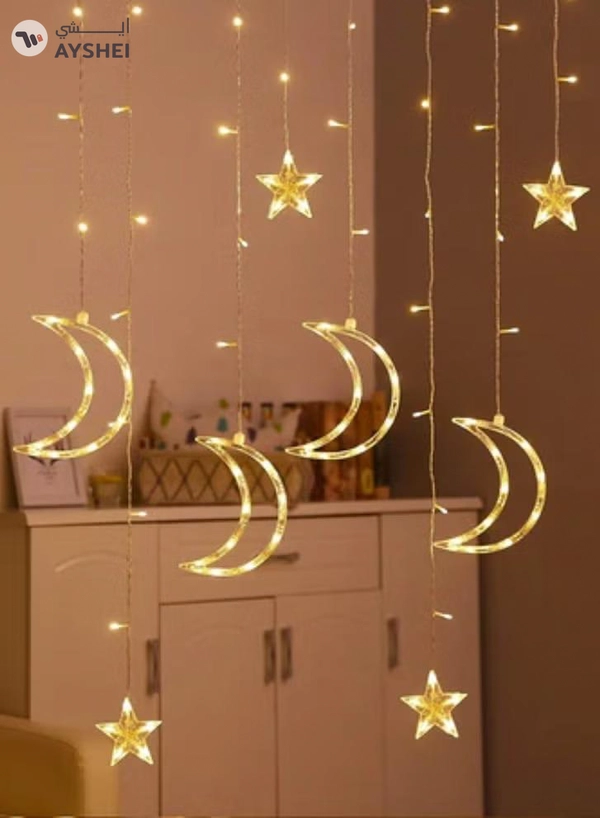 Yuwell 3-In-1 Remote Control, Battery & USB Operated Ramadan Lights, Ramadan Decorations For Home, Window Curtain Fairy Star Moon Lights For Ramadan Party, Diwali Lights Hanging Lights Warm White