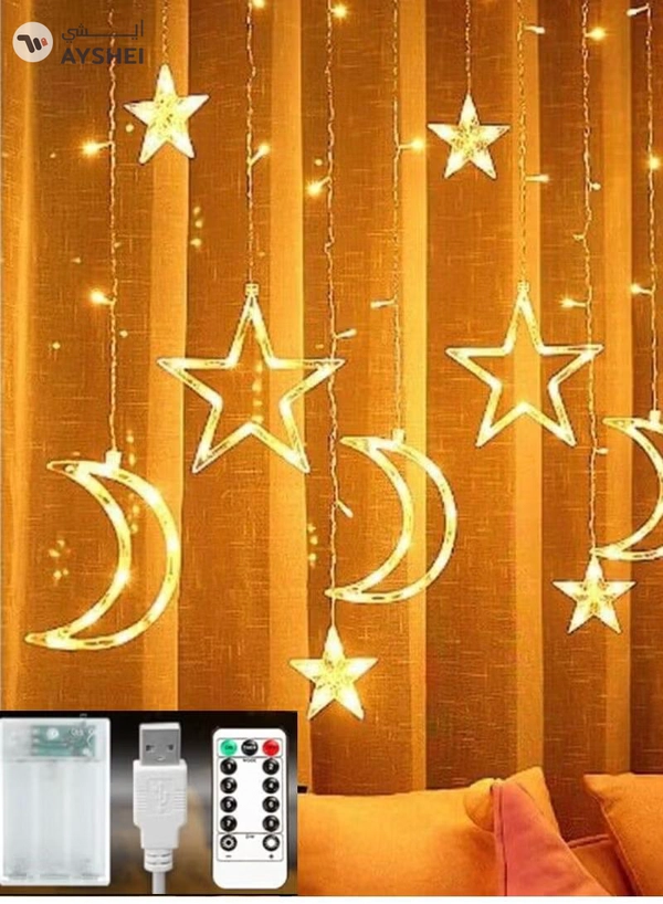 Yuwell 3-In-1 Remote Control, Battery & USB Operated Ramadan Lights, Ramadan Decorations For Home, Window Curtain Fairy Star Moon Lights For Ramadan Party, Diwali Lights Hanging Lights Warm White