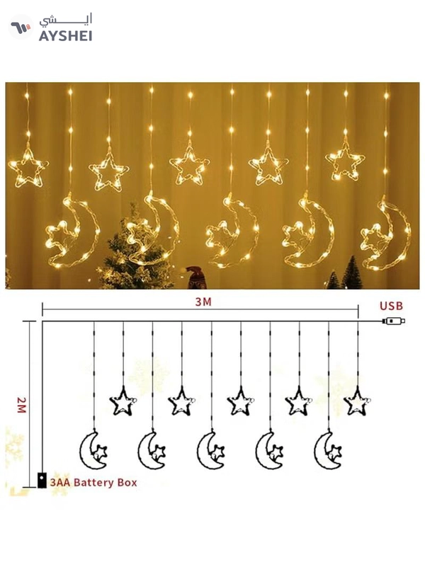 Yuwell 3-In-1 Remote Control, Battery & USB Operated Ramadan Lights, Ramadan Decorations For Home, Window Curtain Fairy Star Moon Lights For Ramadan Party, Diwali Lights Hanging Lights Warm White