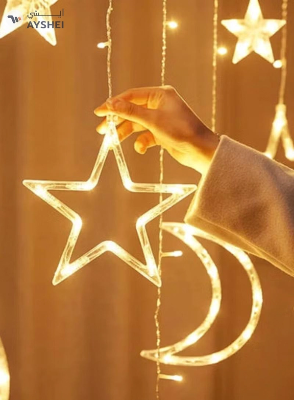 Yuwell 3-In-1 Remote Control, Battery & USB Operated Ramadan Lights, Ramadan Decorations For Home, Window Curtain Fairy Star Moon Lights For Ramadan Party, Diwali Lights Hanging Lights Warm White