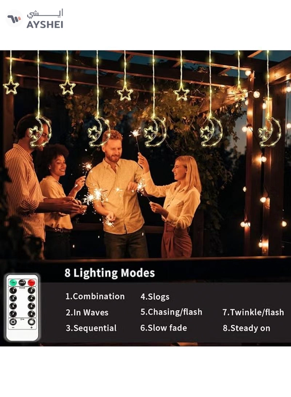 Yuwell 3-In-1 Remote Control, Battery & USB Operated Ramadan Lights, Ramadan Decorations For Home, Window Curtain Fairy Star Moon Lights For Ramadan Party, Diwali Lights Hanging Lights Warm White