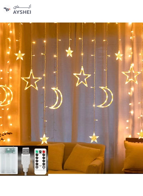 Yuwell 3-In-1 Remote Control, Battery & USB Operated Ramadan Lights, Ramadan Decorations For Home, Window Curtain Fairy Star Moon Lights For Ramadan Party, Diwali Lights Hanging Lights Warm White
