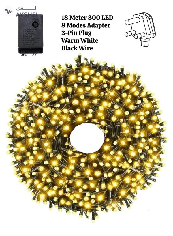 Yuwell 18 Meter 300 LED String Lights Decoration Lights Warm White Light 8 Modes Led Light Black Wire For Home Decorations Ramadan Lights Indoor & Outdoor Decoration Ramadan Decoration Light Diwali Lights Curtain Lights With 3-Pin UK Plug