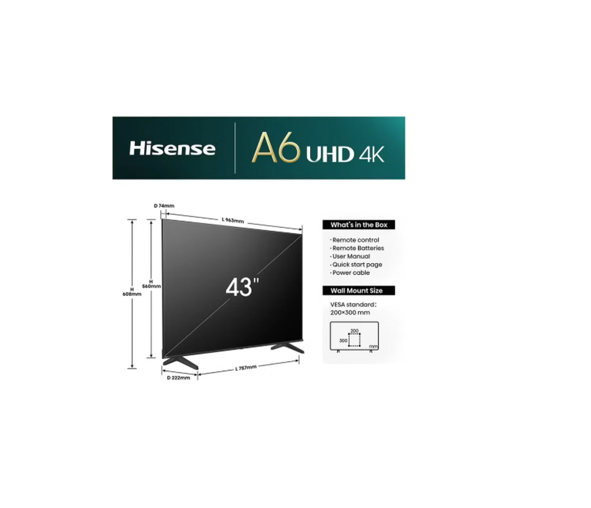 Hisense 43 Inch 4K Full Smart TV 43A61N Black-1-1