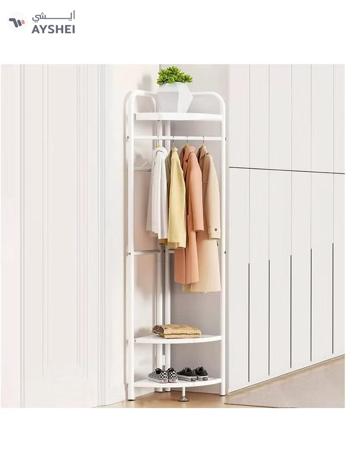 DubaiGallery “Modern Corner Clothes Rack with Shelves – Space-Saving Organizer for Bedroom, Entryway, or Living Room | Minimalist Metal Design with Hanging Rod, Storage Tiers & Plant Display Shelf”-1-1