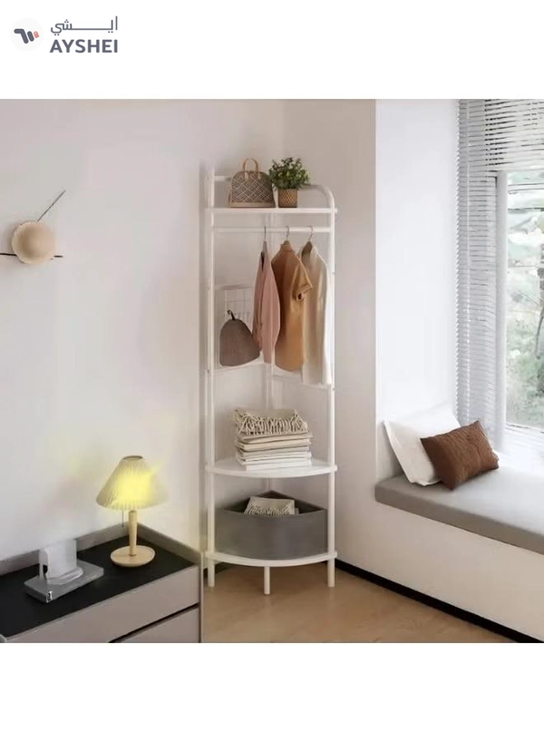 DubaiGallery “Modern Corner Clothes Rack with Shelves – Space-Saving Organizer for Bedroom, Entryway, or Living Room | Minimalist Metal Design with Hanging Rod, Storage Tiers & Plant Display Shelf”