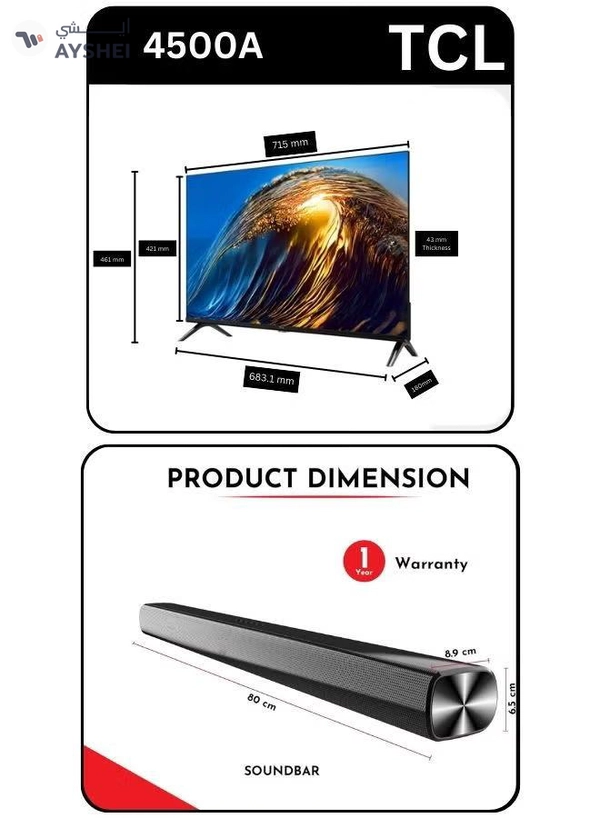 TCL 32 Inch HD Smart TV & Soundbar Bundle – HDR, Ai-CLARITY & Bezel-less Design | Immersive 2-Channel Sound, USB, HDMI, Bluetooth & More 32S4500A+SOUNDBAR black