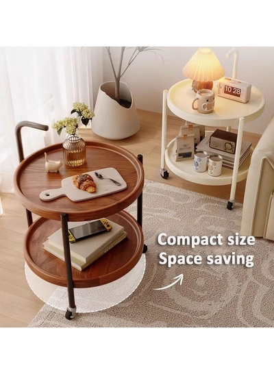 DubaiGallery Round Coffee Table with Rolling Wheels, Movable End Table/Bedside Table, 2 Layers Small Trolley for Home Kitchen, Living Room-1