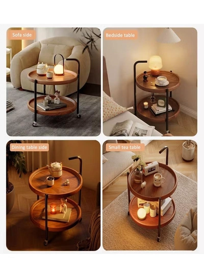 DubaiGallery Round Coffee Table with Rolling Wheels, Movable End Table/Bedside Table, 2 Layers Small Trolley for Home Kitchen, Living Room-3