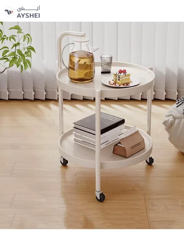 DubaiGallery Round Coffee Table with Rolling Wheels, Movable End Table/Bedside Table, 2 Layers Small Trolley for Home Kitchen, Living Room