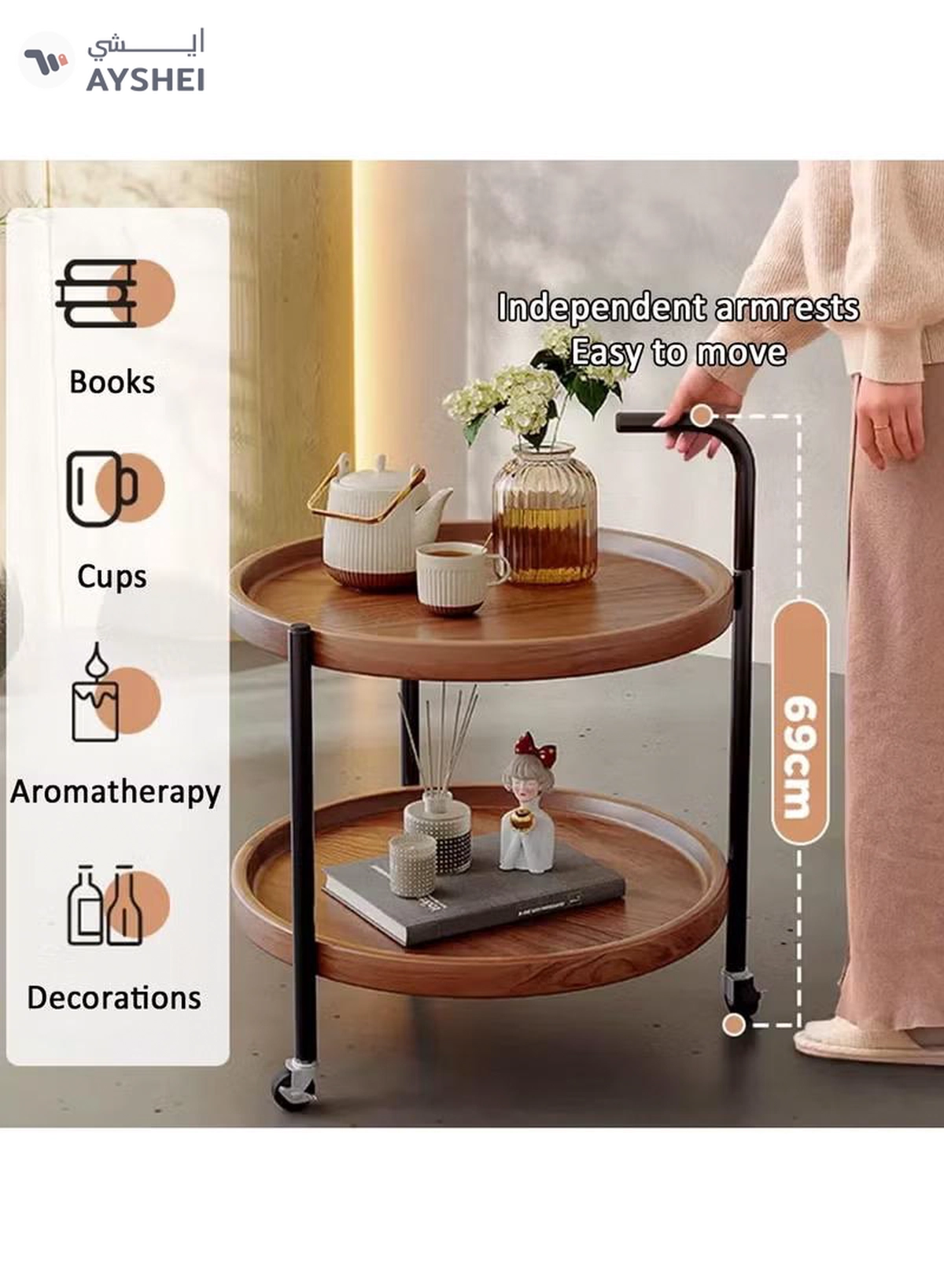 DubaiGallery Round Coffee Table with Rolling Wheels, Movable End Table/Bedside Table, 2 Layers Small Trolley for Home Kitchen, Living Room-2-2