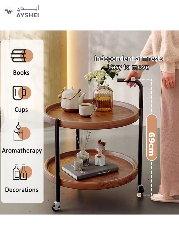 DubaiGallery Round Coffee Table with Rolling Wheels, Movable End Table/Bedside Table, 2 Layers Small Trolley for Home Kitchen, Living Room