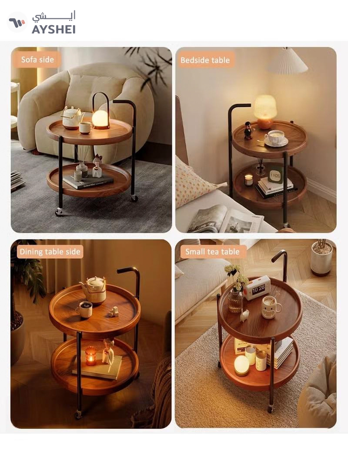 DubaiGallery Round Coffee Table with Rolling Wheels, Movable End Table/Bedside Table, 2 Layers Small Trolley for Home Kitchen, Living Room-3-3