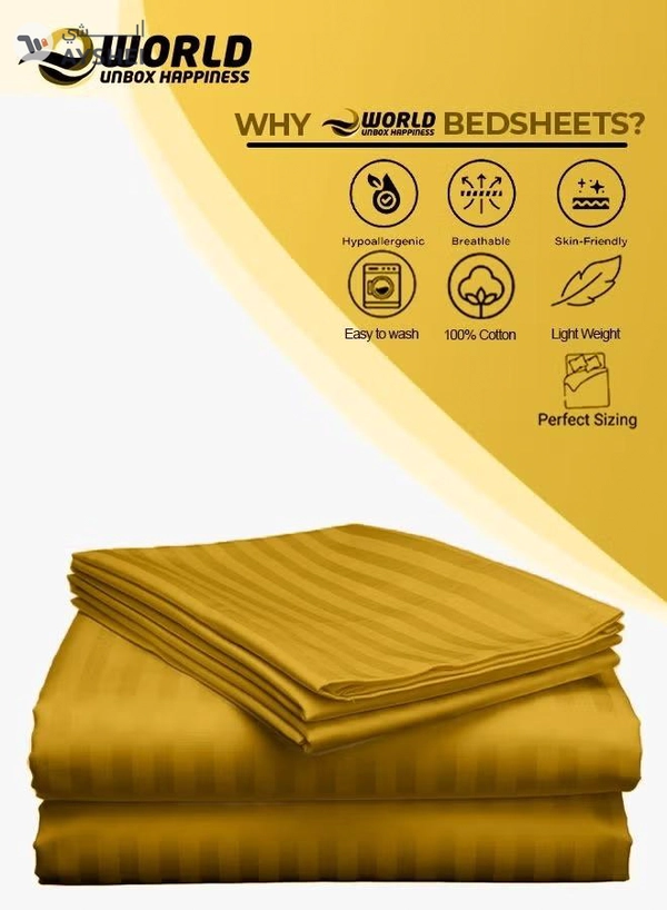 Eworld 3 Piece Luxury Gold Striped Bed Sheet Set with 1 Deep Pocket Fitted Sheet and 2 Pillowcases