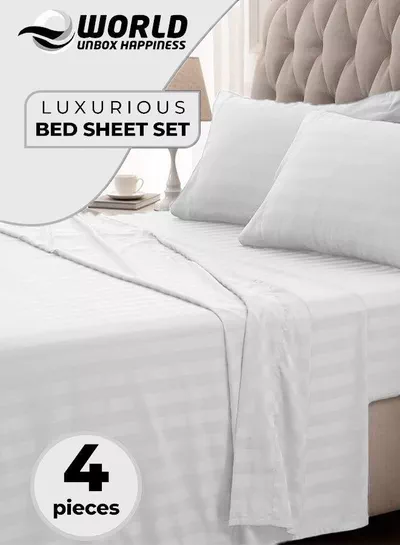 4-Piece Luxury King Size White Striped Bedding Set – Includes 1 Duvet Cover (220x240 cm), 1 Bedsheet (200x200 cm), and 2 Pillowcases (48x74+5 cm) for Ultimate Hotel-Inspired Sophistication-0