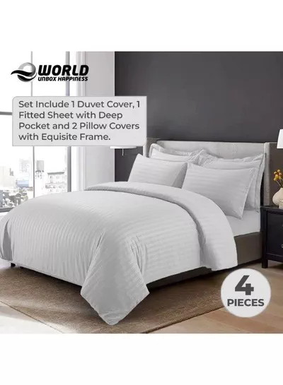4-Piece Luxury King Size White Striped Bedding Set – Includes 1 Duvet Cover (220x240 cm), 1 Bedsheet (200x200 cm), and 2 Pillowcases (48x74+5 cm) for Ultimate Hotel-Inspired Sophistication-2