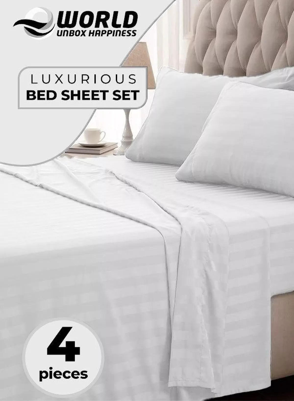 4-Piece Luxury King Size White Striped Bedding Set – Includes 1 Duvet Cover (220x240 cm), 1 Bedsheet (200x200 cm), and 2 Pillowcases (48x74+5 cm) for Ultimate Hotel-Inspired Sophistication