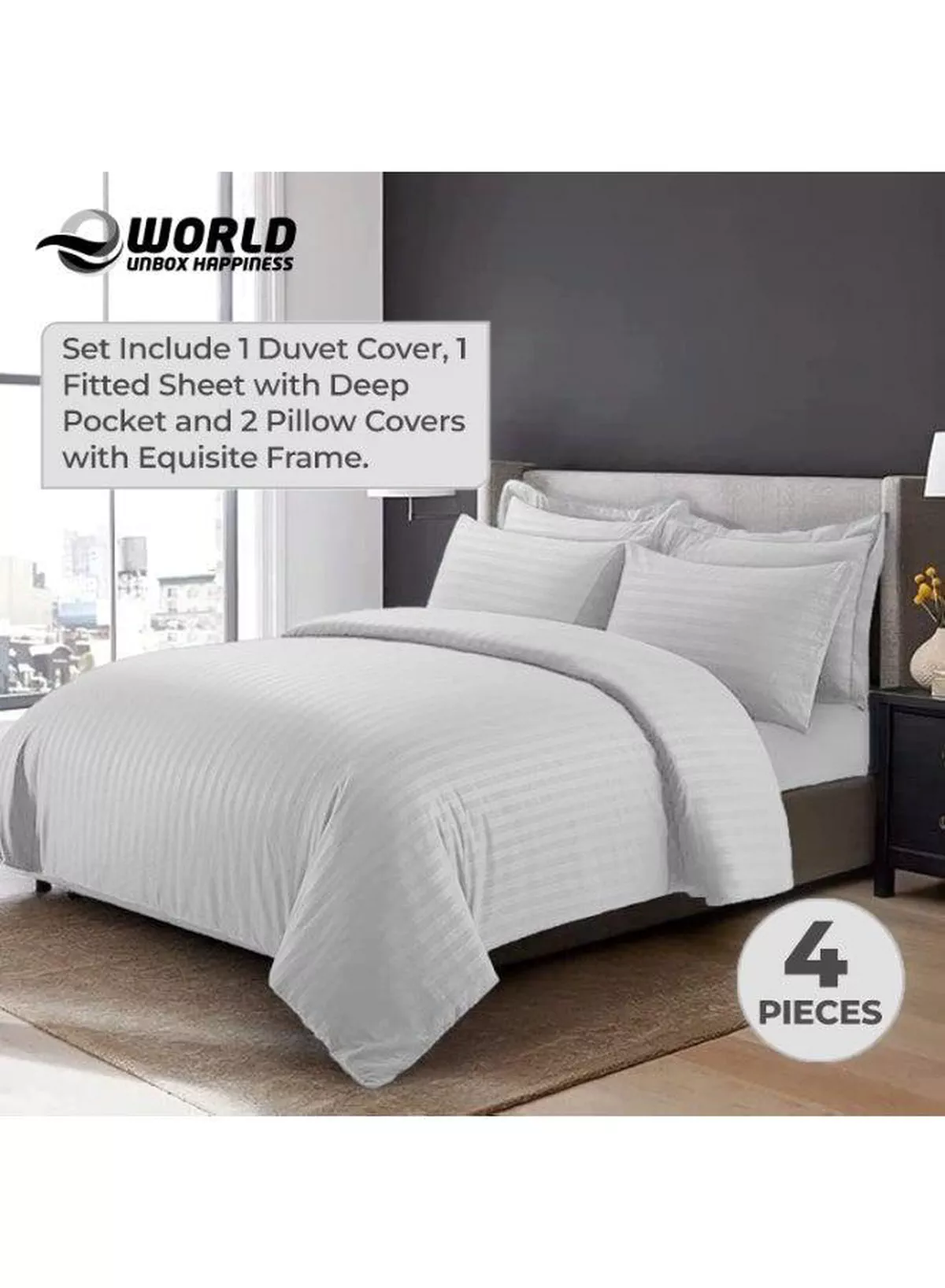 4-Piece Luxury King Size White Striped Bedding Set – Includes 1 Duvet Cover (220x240 cm), 1 Bedsheet (200x200 cm), and 2 Pillowcases (48x74+5 cm) for Ultimate Hotel-Inspired Sophistication-2-2
