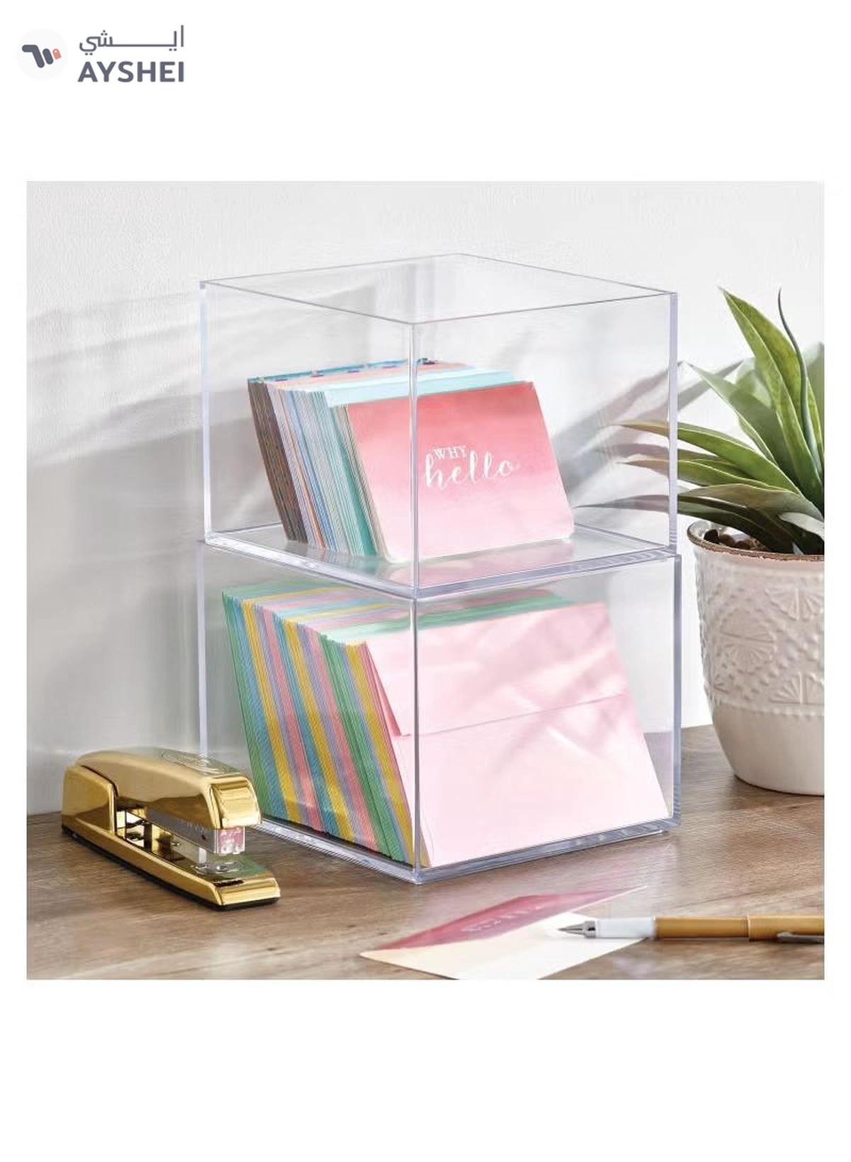 Eworld Set of 3 Clear Stackable Plastic Storage Containers, Perfect for Cabinets, Drawers, Desks-3-3