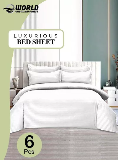 6-Piece Premium King Size Bedding Set, White Striped Design and High-Quality Cotton Hotel Luxury Bedsheet, Soft Quilt Cover and Pillowcases-0