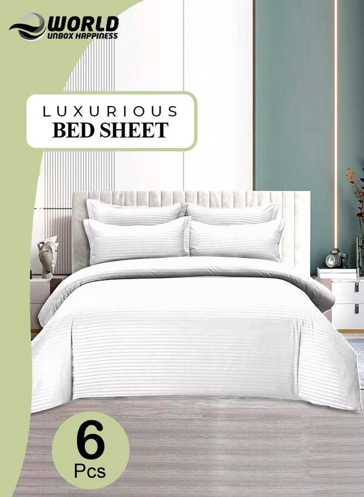 6-Piece Premium King Size Bedding Set, White Striped Design and High-Quality Cotton Hotel Luxury Bedsheet, Soft Quilt Cover and Pillowcases