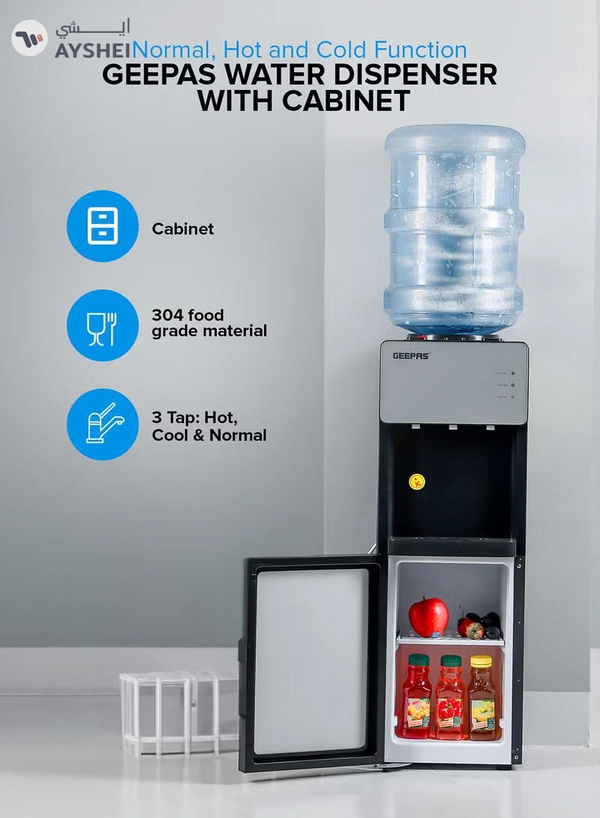 GEEPAS Top Loaded Water Dispenser with Cabinet | Normal, Hot and Cold Function, And 3 Taps| Cold Temperature: 4-12 Degrees Celsius; Hot Temperature: 85-95 Degrees Celsius| Perfect For Home And Office| 2 Year Warranty GWD17039 White