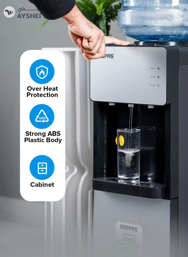GEEPAS Top Loaded Water Dispenser with Cabinet | Normal, Hot and Cold Function, And 3 Taps| Cold Temperature: 4-12 Degrees Celsius; Hot Temperature: 85-95 Degrees Celsius| Perfect For Home And Office| 2 Year Warranty GWD17039 White
