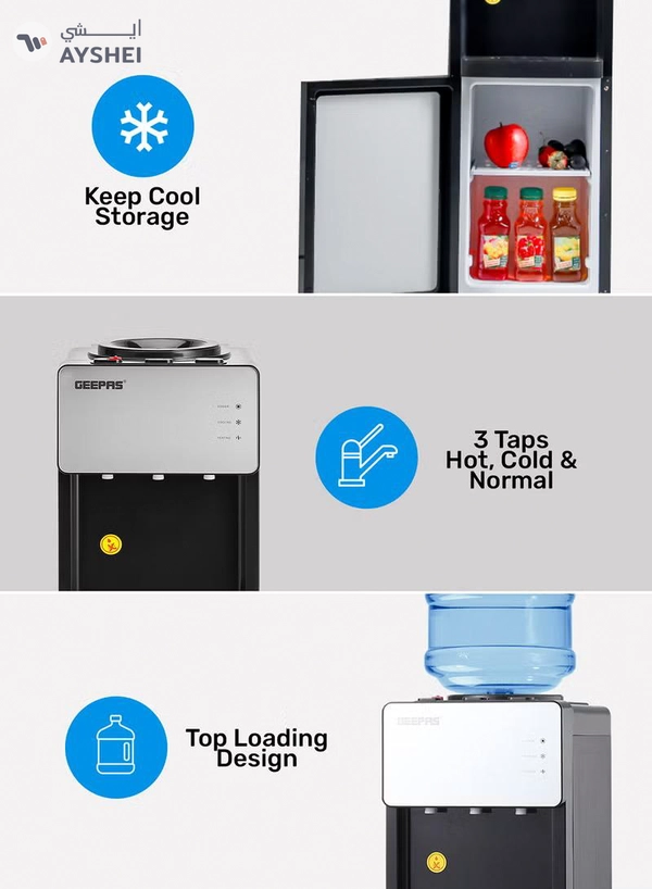GEEPAS Top Loaded Water Dispenser with Cabinet | Normal, Hot and Cold Function, And 3 Taps| Cold Temperature: 4-12 Degrees Celsius; Hot Temperature: 85-95 Degrees Celsius| Perfect For Home And Office| 2 Year Warranty GWD17039 White