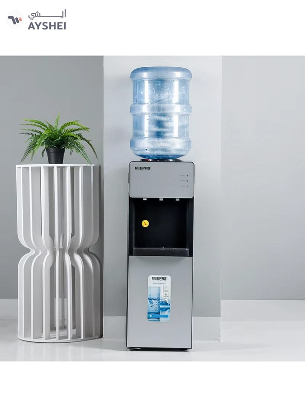 GEEPAS Top Loaded Water Dispenser with Cabinet | Normal, Hot and Cold Function, And 3 Taps| Cold Temperature: 4-12 Degrees Celsius; Hot Temperature: 85-95 Degrees Celsius| Perfect For Home And Office| 2 Year Warranty GWD17039 White