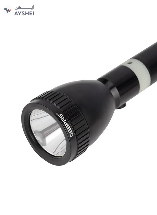 GEEPAS Rechargeable LED Flashlight (Torch Light) with Aircraft Grade Aluminum Body, Hyper Bright Cool Bright Microchip LED, High Power Long Distance Torch, Night Glow Rubber Ring Black 49x49x360mm