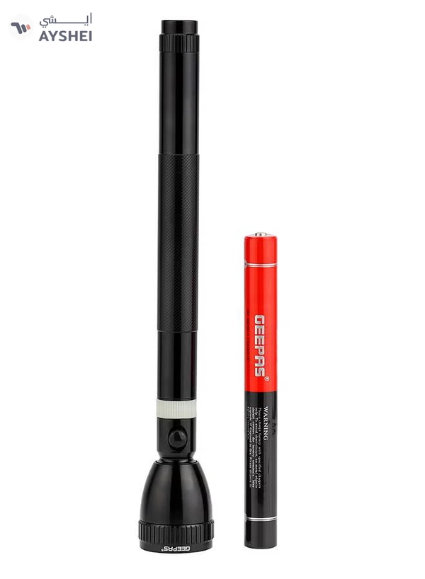GEEPAS Rechargeable LED Flashlight (Torch Light) with Aircraft Grade Aluminum Body, Hyper Bright Cool Bright Microchip LED, High Power Long Distance Torch, Night Glow Rubber Ring Black 49x49x360mm