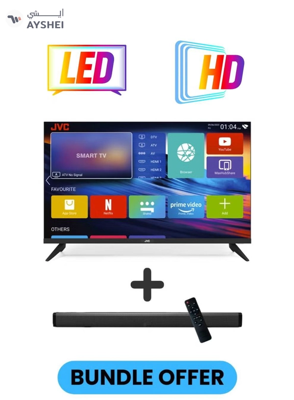 JVC 32 Inch HD LED Edgeless Android Smart TV with WiFi, Dolby Audio, Black Paired with 2.0 Channel 30W Soundbar, Bluetooth, USB, FM Radio LT-32N3105+SOUNDBAR Black