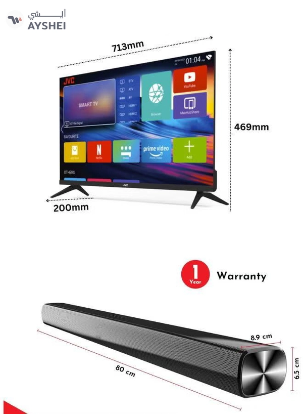 JVC 32 Inch HD LED Edgeless Android Smart TV with WiFi, Dolby Audio, Black Paired with 2.0 Channel 30W Soundbar, Bluetooth, USB, FM Radio LT-32N3105+SOUNDBAR Black