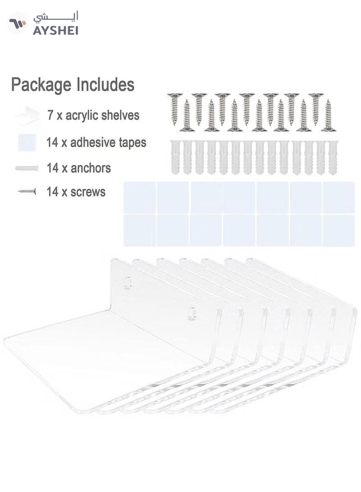Eworld 7-Ledges Acrylic Adhesive Wall Shelves, Clear Mini Floating Shelf with Smooth Rounded Edges-3-3