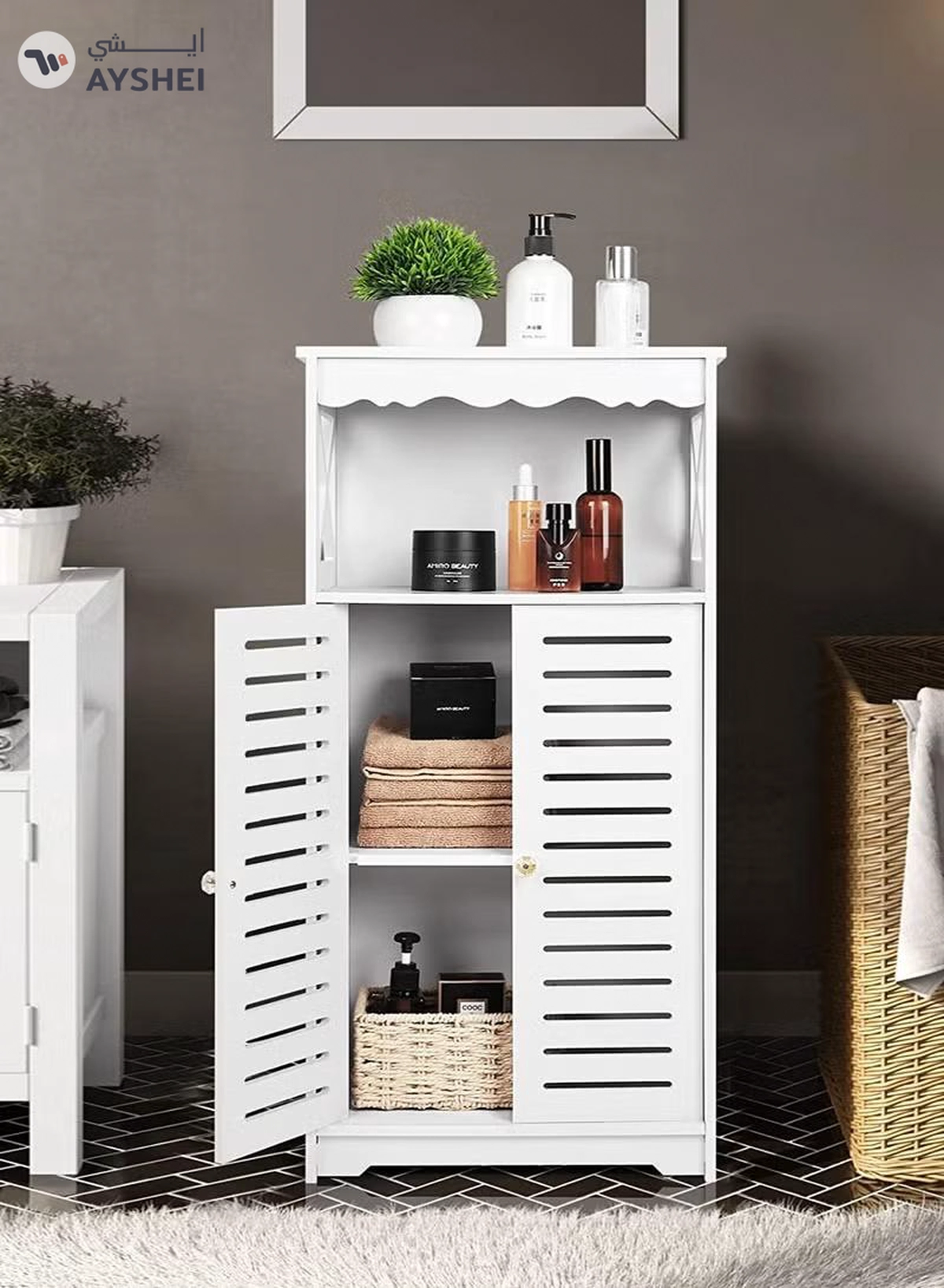 Eworld Free Standing Bathroom Furniture Cabinets with Two Doors and open shelf-1-1