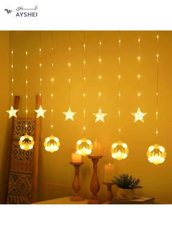 Yuwell 3.5M Ramadan Light For Home Decoration Multimode Operated Decorative Light Ramadan Kareem Star Design Curtain Light Warm White