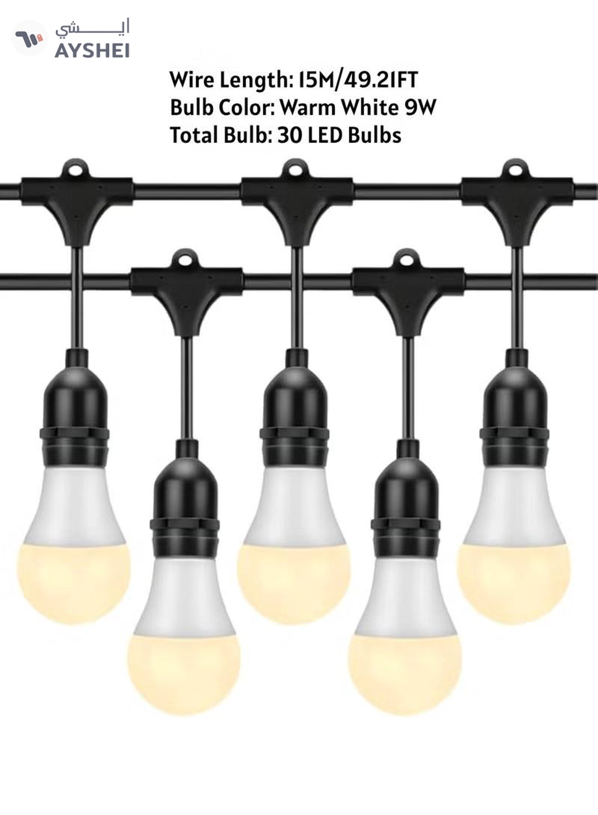 Yuwell Outdoor Waterproof IP65 Led String Lights E27 Holder 15 Meter Bulb Holder Wire With 30 LED Bulbs 9W Warm White With EU Plug Solar Bulb Holder For Ramadan Decoration Lights And Outdoor Decoration Light Hanging Light String Wire Ramadan Light For Commercial Patio Garden & Porch Yard-3-3