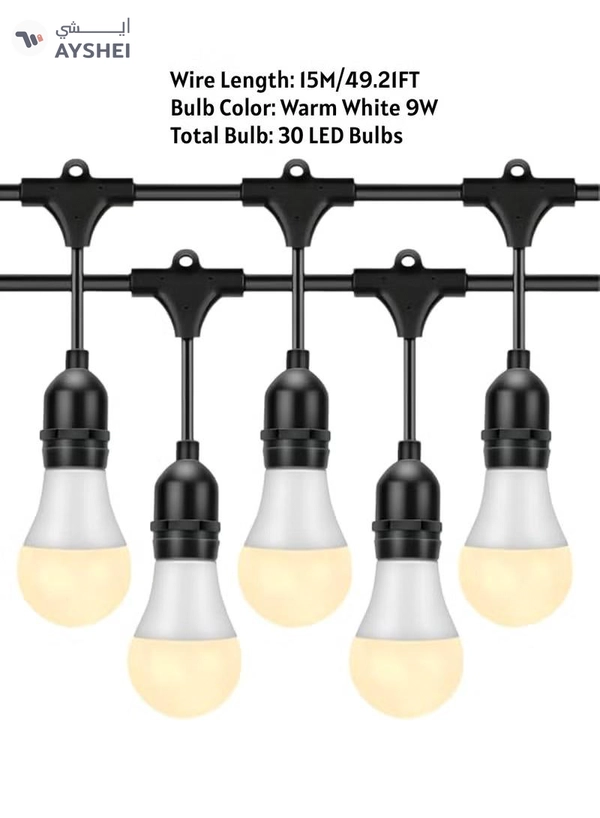 Yuwell Outdoor Waterproof IP65 Led String Lights E27 Holder 15 Meter Bulb Holder Wire With 30 LED Bulbs 9W Warm White With EU Plug Solar Bulb Holder For Ramadan Decoration Lights And Outdoor Decoration Light Hanging Light String Wire Ramadan Light For Commercial Patio Garden & Porch Yard