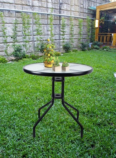 DubaiGallery Outdoor Table Round Patio Dining Table Coffee Table Side Table Garden Table Outdoor Indoor Furniture with Metal Frame and Tempered Water Ripple Glass Top for Garden Backyard Porch Deck-2