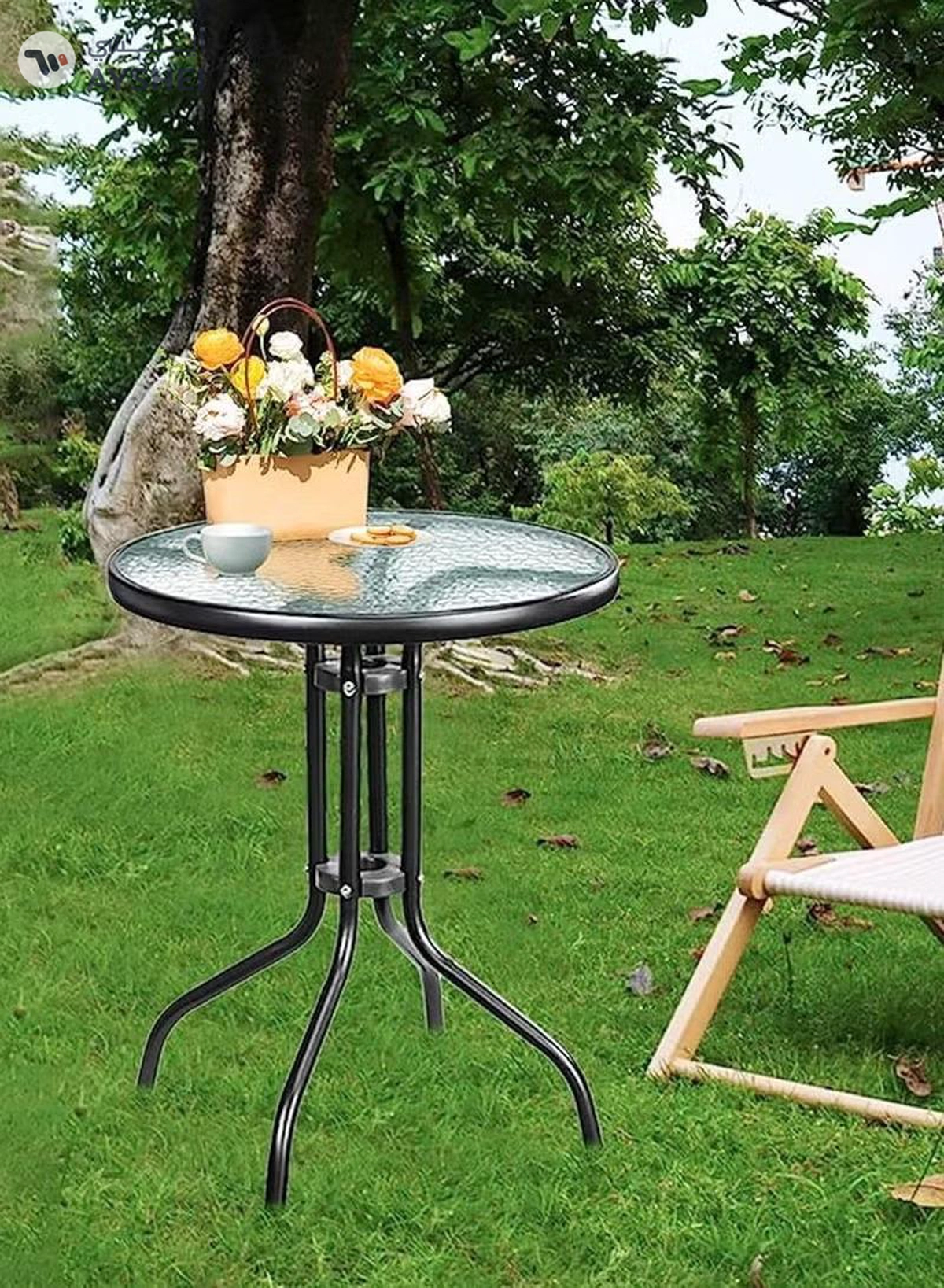 DubaiGallery Outdoor Table Round Patio Dining Table Coffee Table Side Table Garden Table Outdoor Indoor Furniture with Metal Frame and Tempered Water Ripple Glass Top for Garden Backyard Porch Deck-3-3