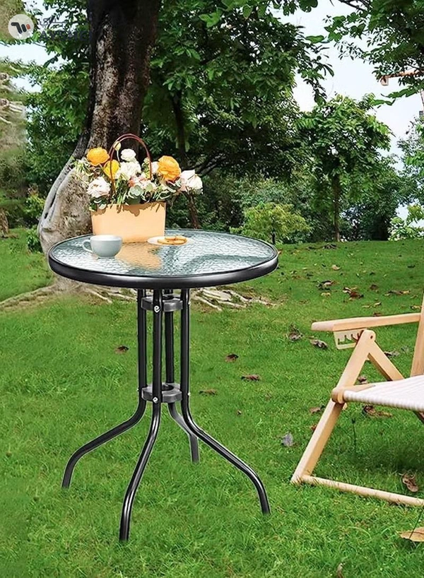 DubaiGallery Outdoor Table Round Patio Dining Table Coffee Table Side Table Garden Table Outdoor Indoor Furniture with Metal Frame and Tempered Water Ripple Glass Top for Garden Backyard Porch Deck